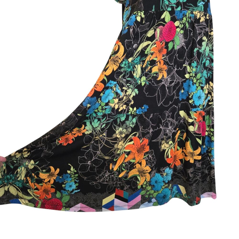 Johnny Was Floral Jersey Knit Colorful Nero Sequence Tiered Tea Length Dress - Picture 6 of 12